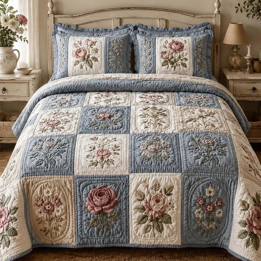 Blue & Cream Rose Quilted Bedding Set QV122