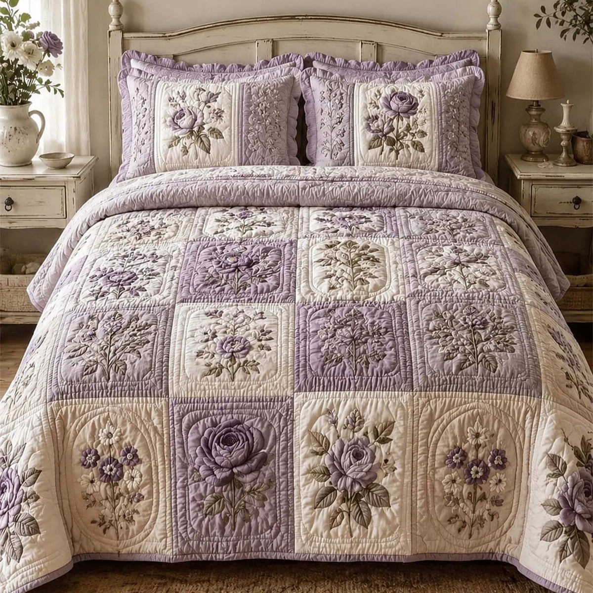 Vintage Lavender Floral Patchwork Quilted Bedding Set QV124