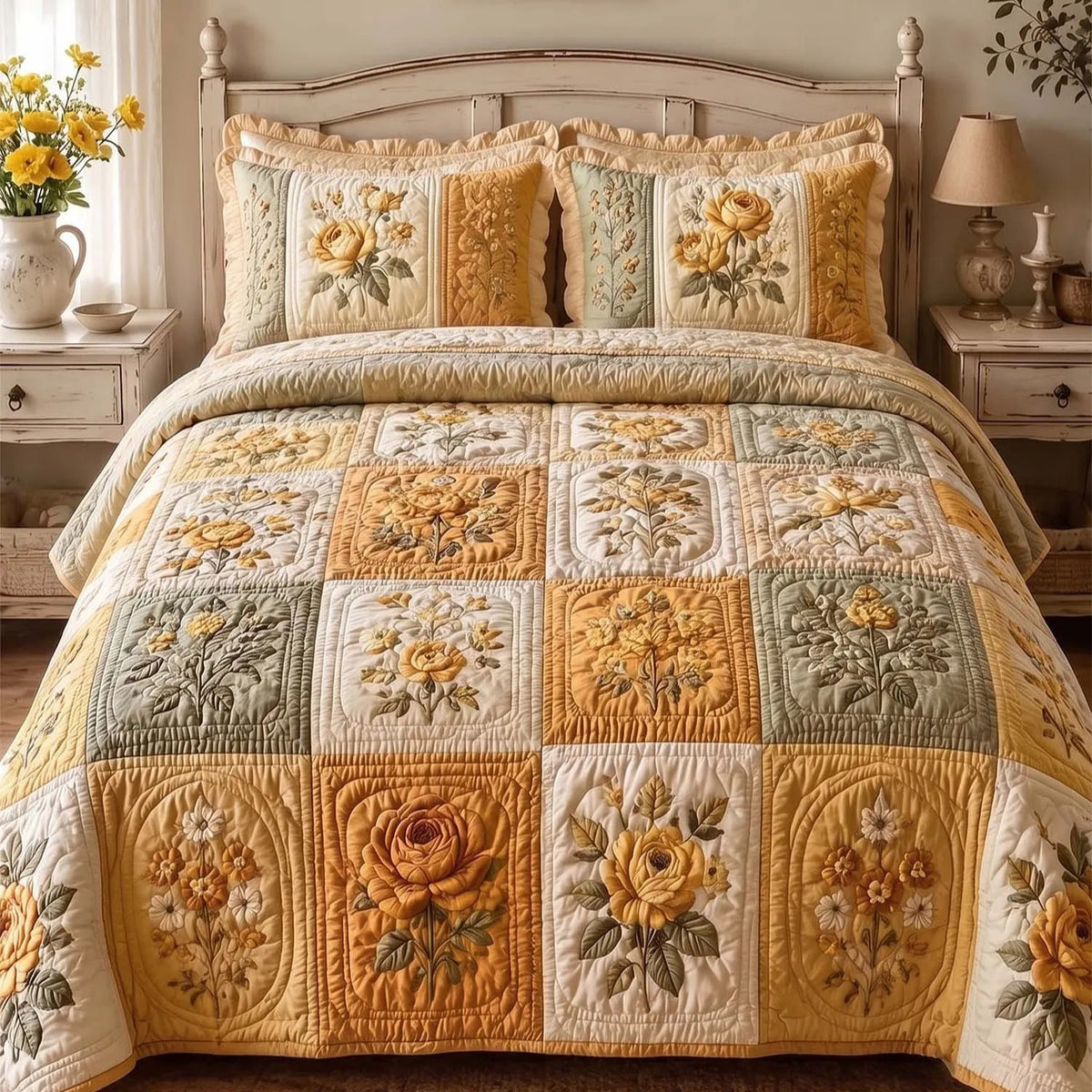 Vintage Yellow Floral Patchwork Quilted Bedding Set QV125