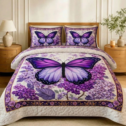 Purple Butterfly Floral Quilted Bedding Set QV127
