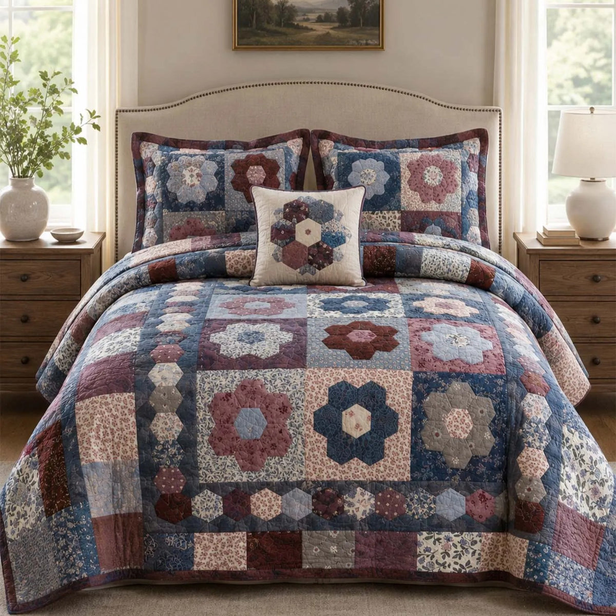 Rustic Hexagon Flower Patchwork Quilted Bedding Set QV128