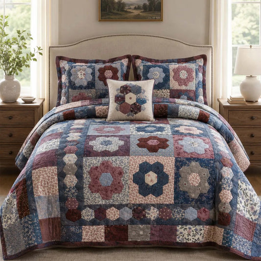 Rustic Hexagon Flower Patchwork Quilted Bedding Set QV128