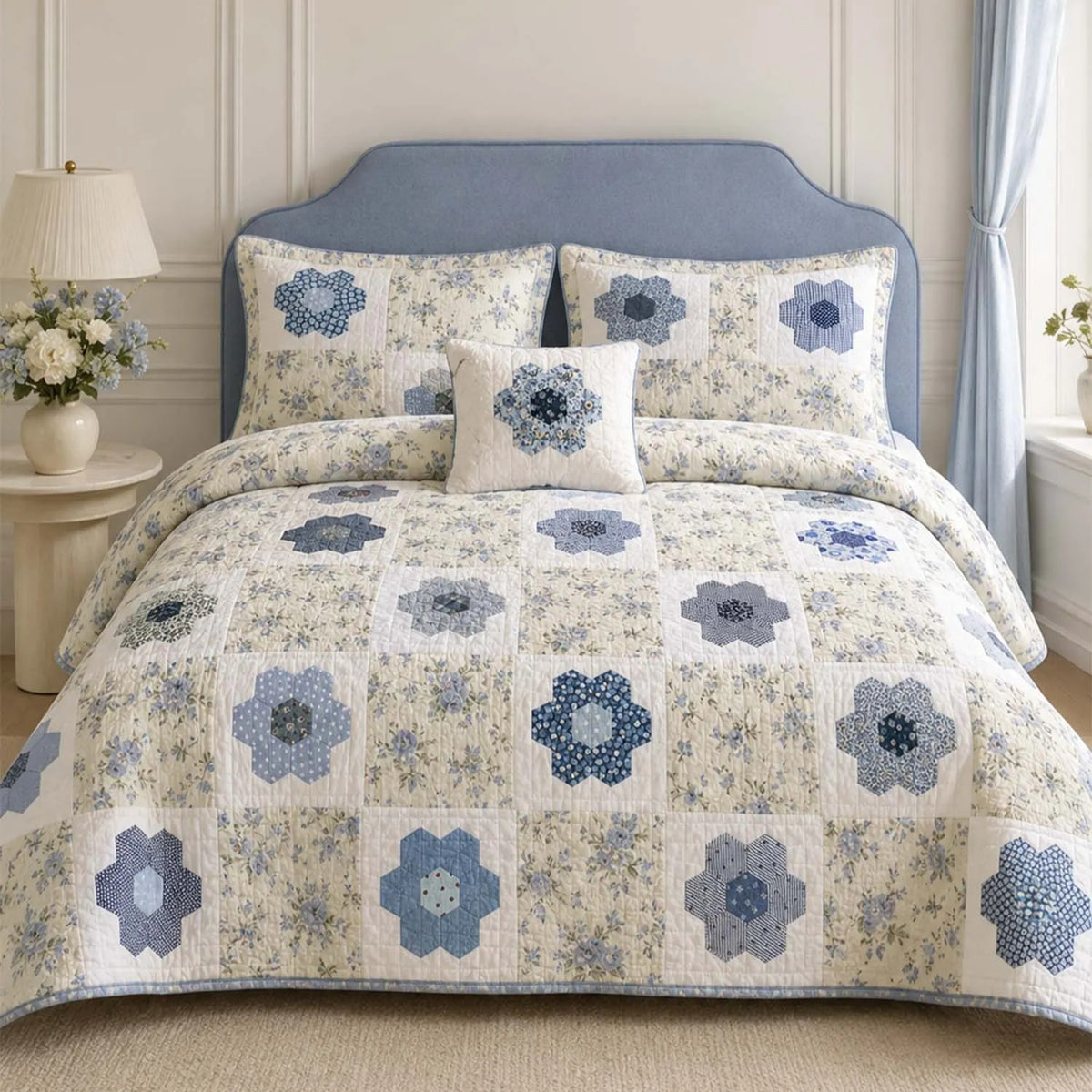 Blue Floral Hexagon Patchwork Quilted Bedding Set QV131