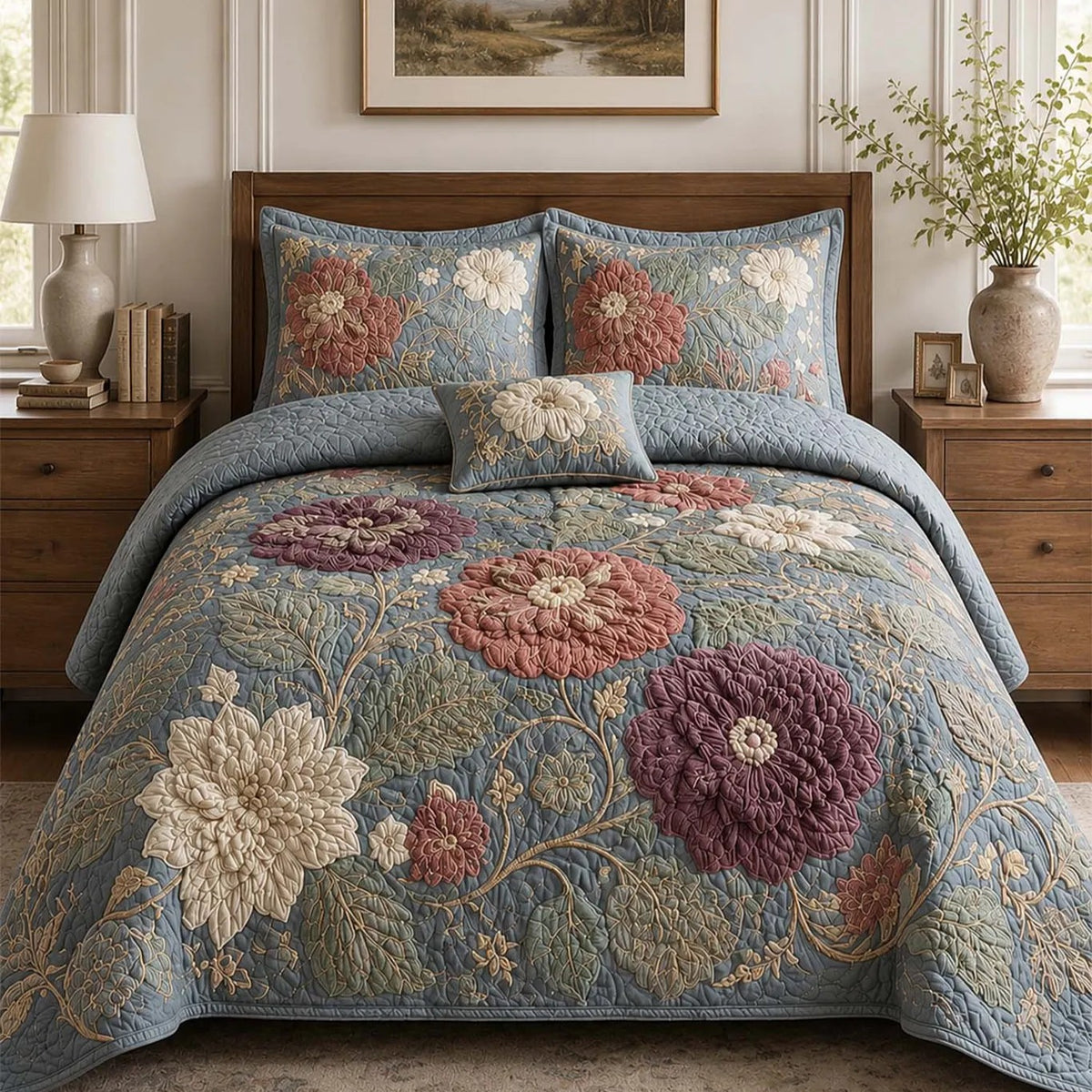 Tufted Chenille Botanical Quilted Bedding Set QV132