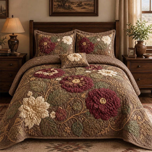 Vintage Textured Botanical Quilted Bedding Set QV133