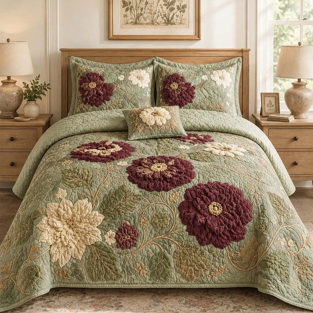 Vintage Floral Chenille Quilted Bedding Set QV134