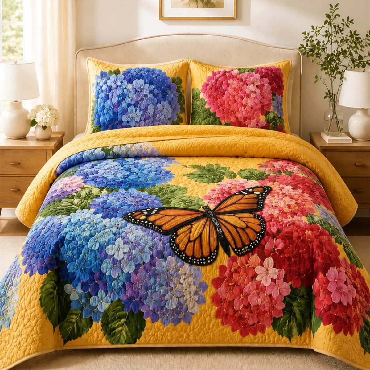 Hydrangea Butterfly Garden Quilted Bedding Set QV138