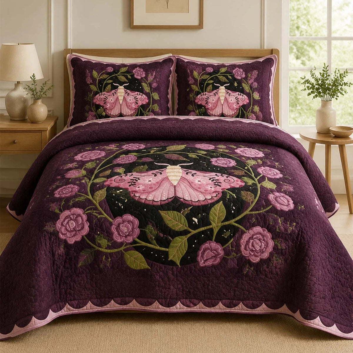 Pink Moth Gothic Garden  Quilted Bedding Set QV139