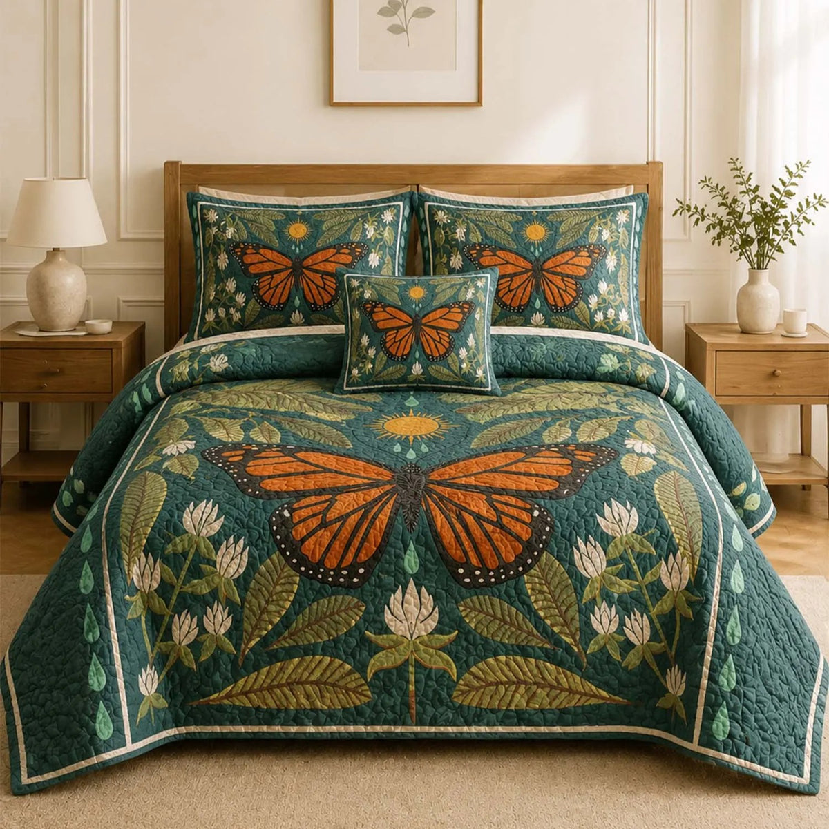 Monarch Butterfly Botanical Garden Quilted Bedding Set QV140