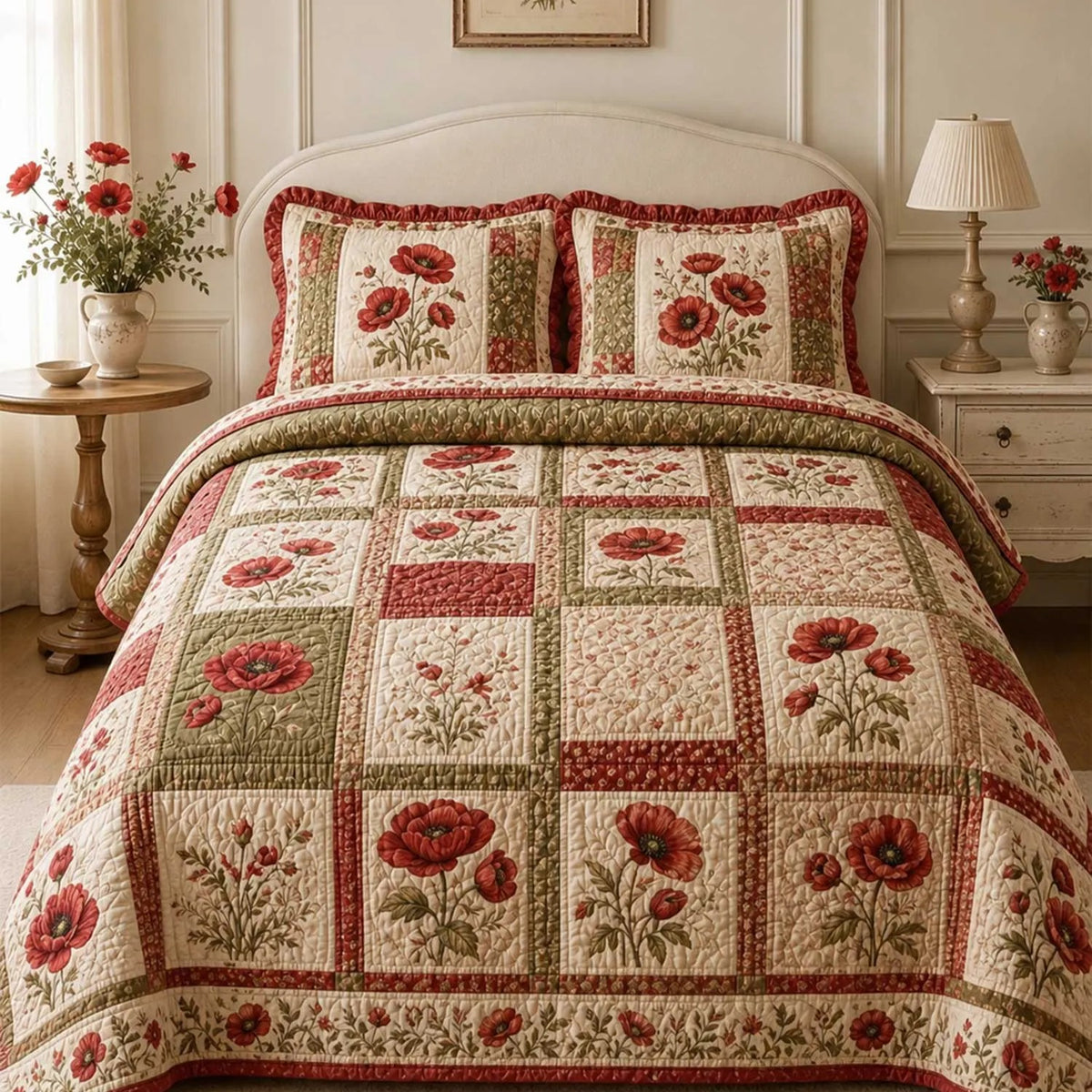 Vintage Poppy Medley Quilted Bedding Set QV141