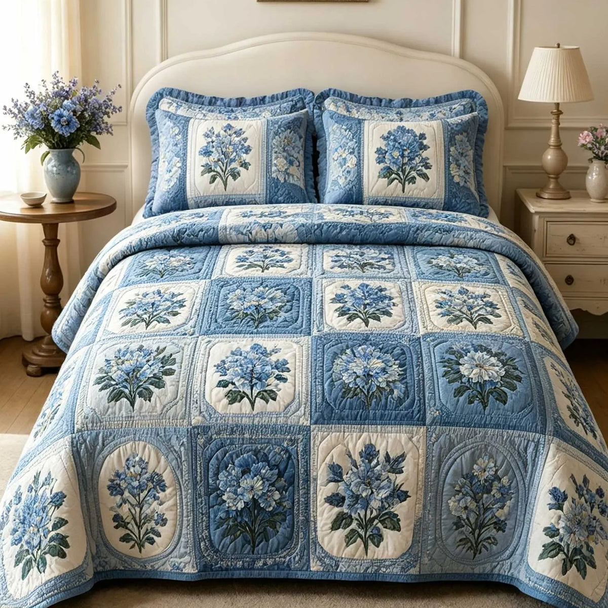 Blue Hydrangea Garden Patchwork  Quilted Bedding Set QV146