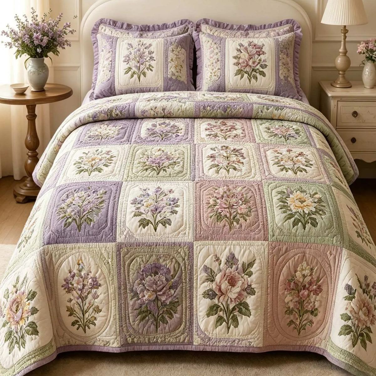 Vintage Mixed Rose Patchwork Quilted Bedding Set QV147