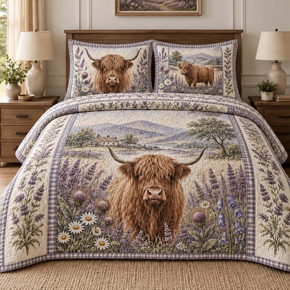 Vintage Highland Cow Lavender Floral Quilted Bedding Set QV148
