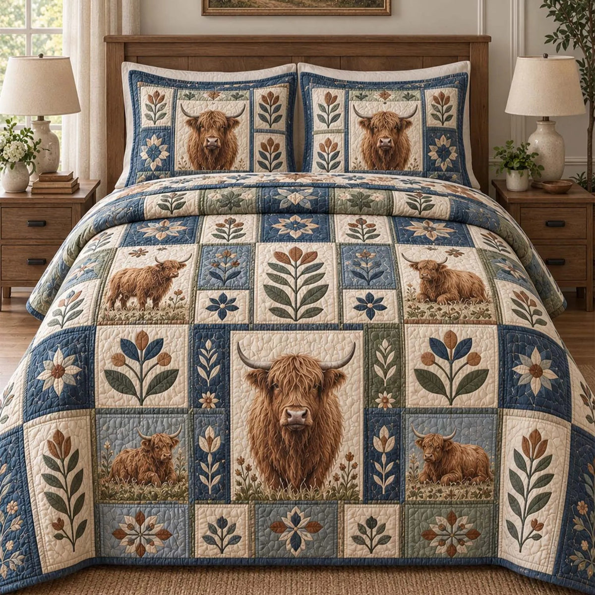 Vintage Western Highland Cow Blue Floral Quilted Bedding Set QV149