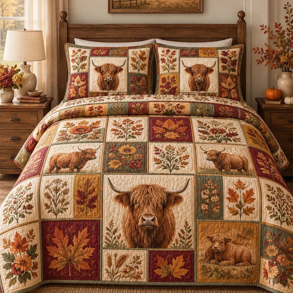 Vintage Western Highland Cow Fall Leaf Quilted Bedding Set QV150