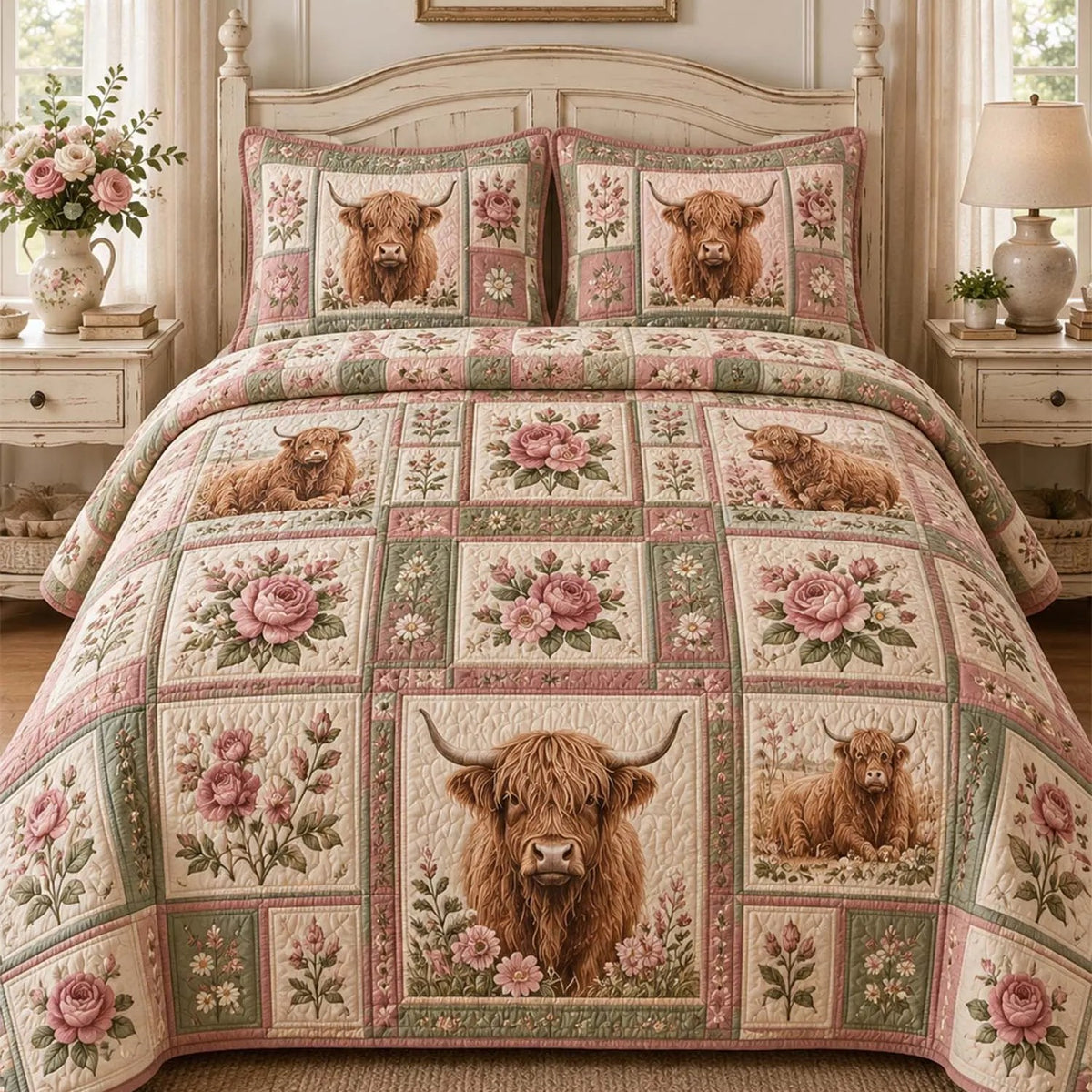 Vintage Western Highland Cow Pink Rose Quilted Bedding Set QV151