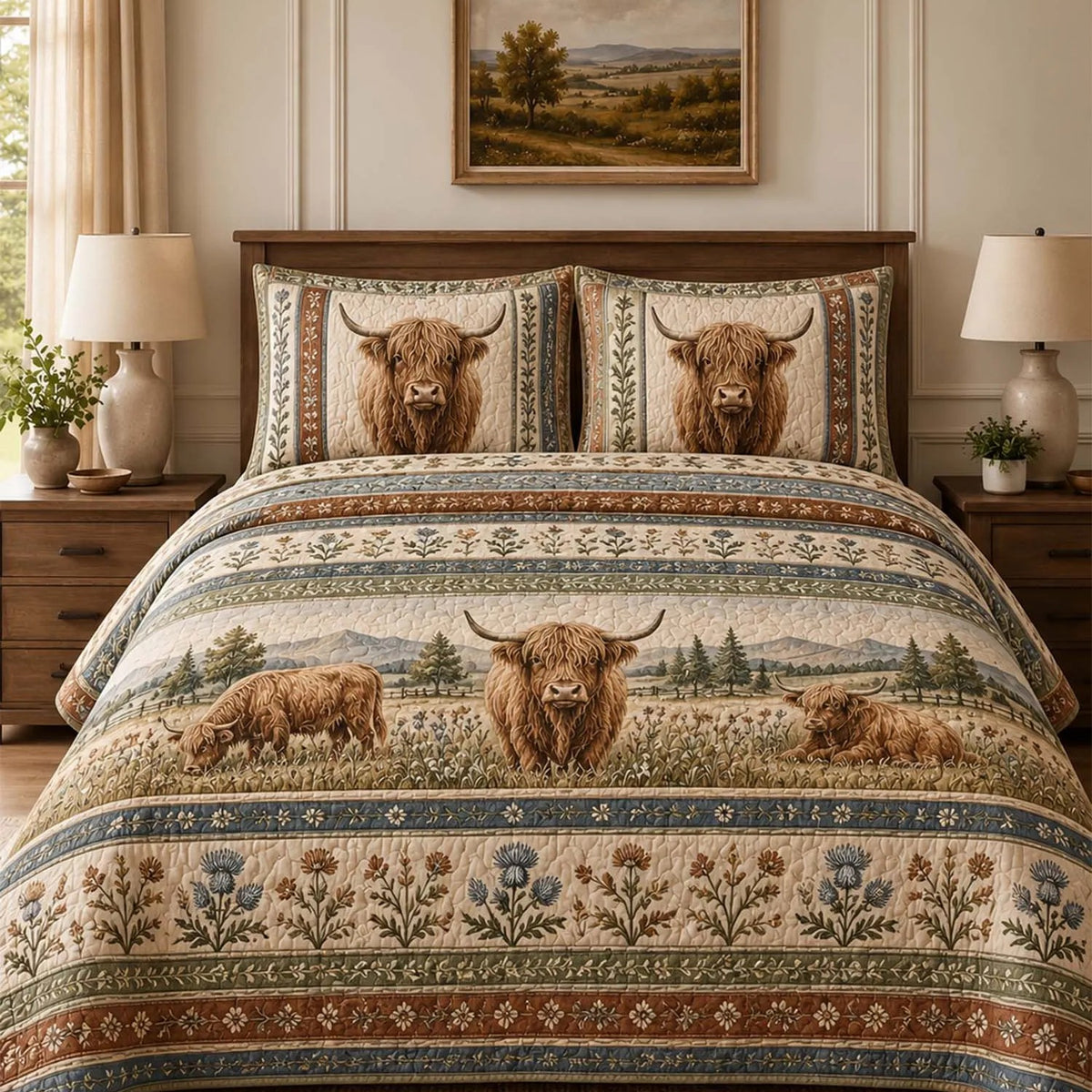 Vintage Western Highland Cow Wildflower Quilted Bedding Set QV152