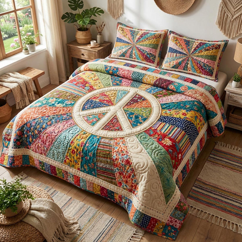 Boho Peace Sign Quilted Bedding Set QV154