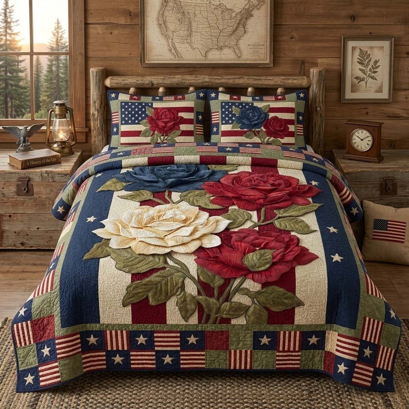 Rustic Patriotic Rose Quilted Bedding Set QV158