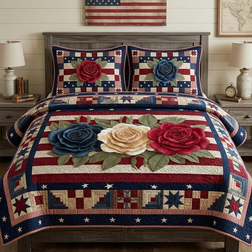 American Flag Rose Quilted Bedding Set QV159