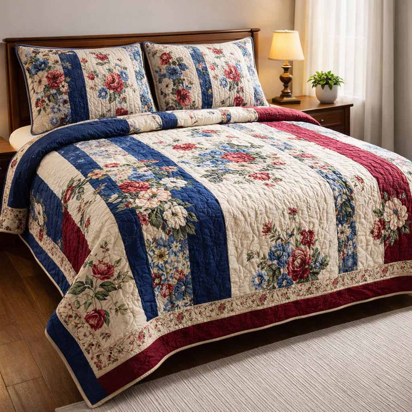 Classic Rose Patchwork Quilted Bedding Set QV161