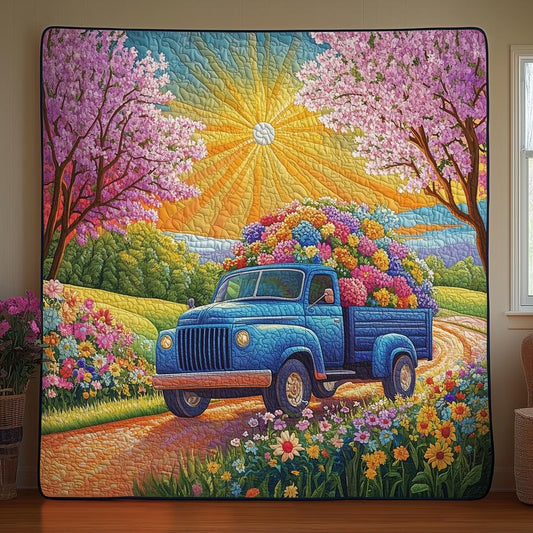 Vintage Blue Flower Truck Quilted Blanket QV30