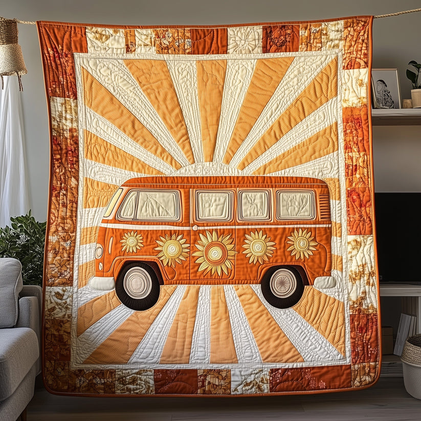 Hippie Bus Sunflower Quilted Blanket QV33