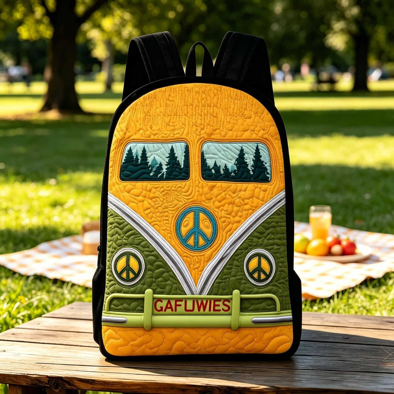 Retro Camper Van Quilted Backpack With Black Strap QV07