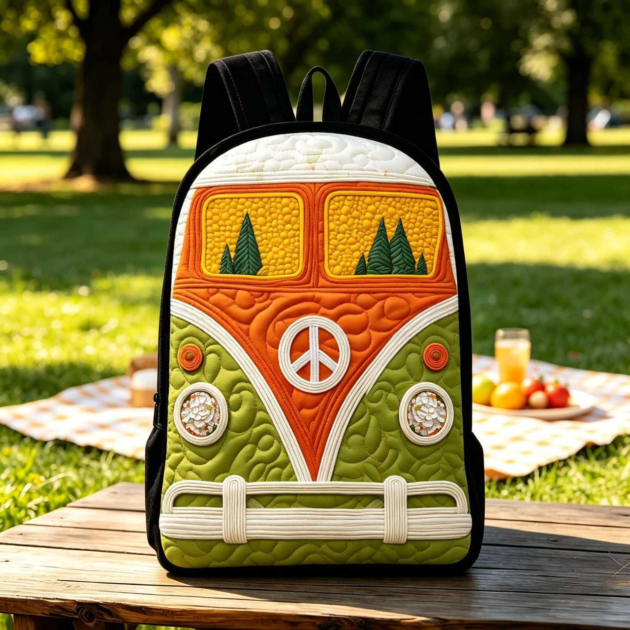 Retro Camper Bus Quilted Backpack With Black Strap QV10