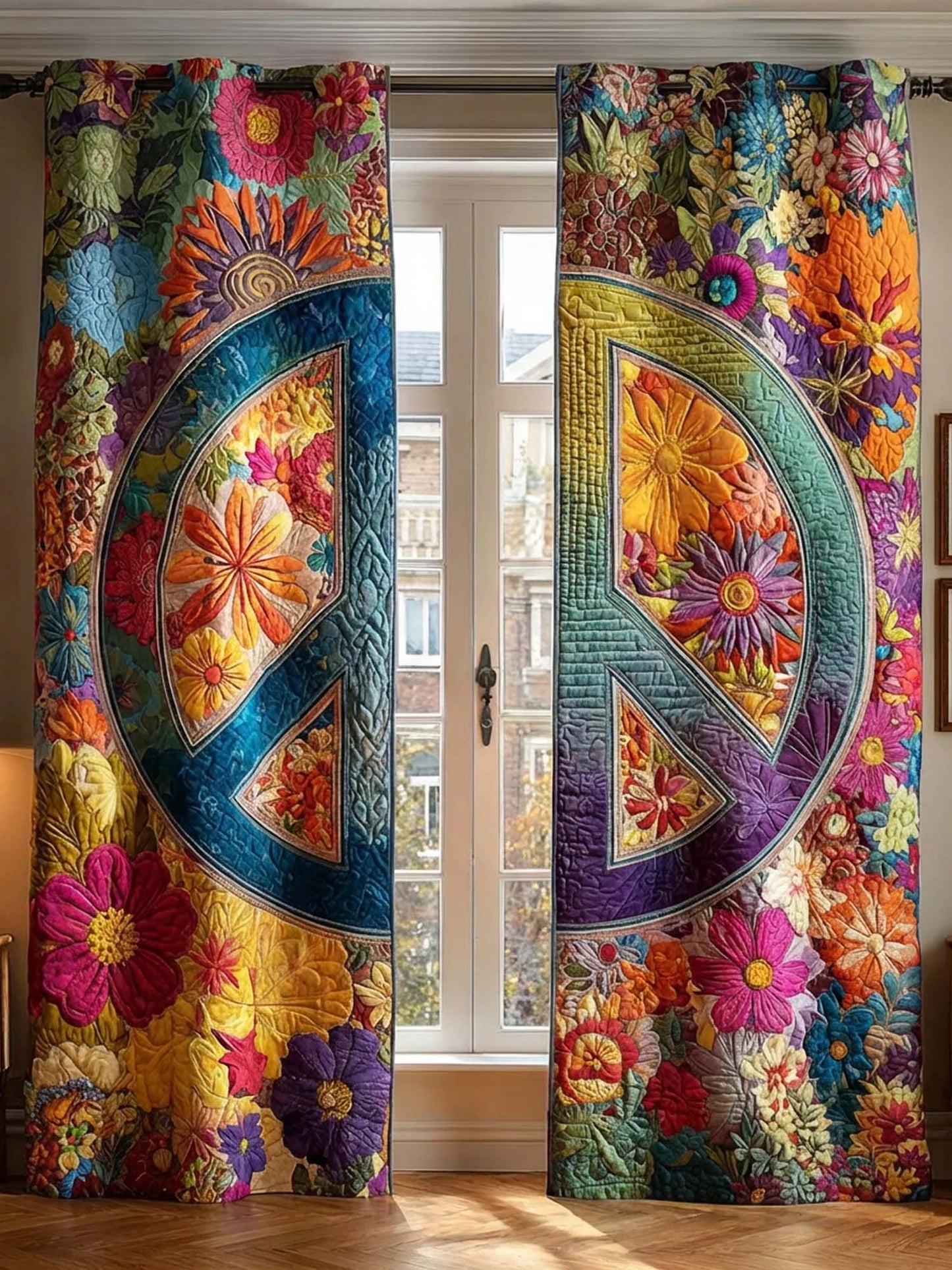 Hippie Peace Flower Quilted Curtains QV09