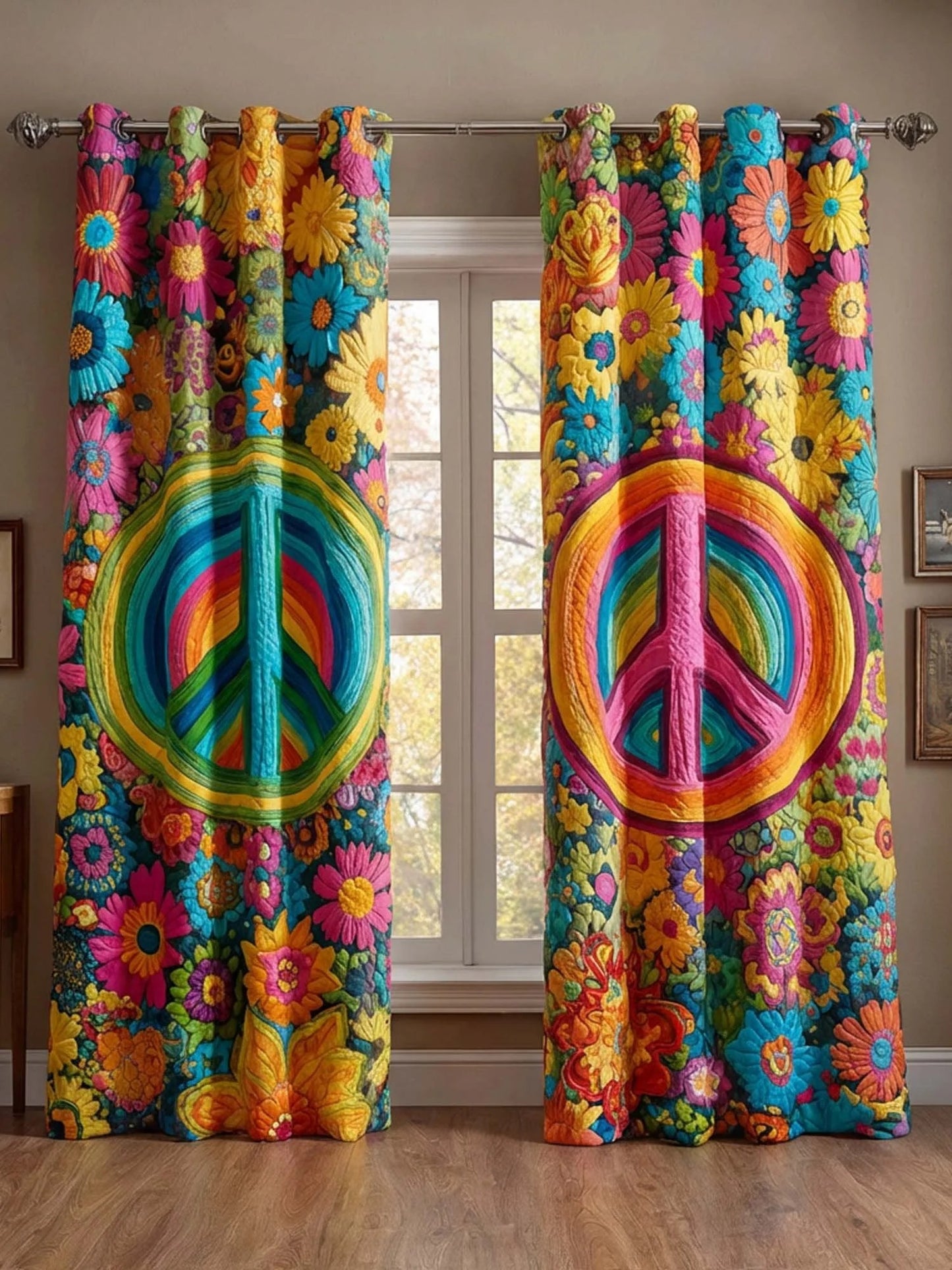 Hippie Peace Flower Quilted Curtains QV13