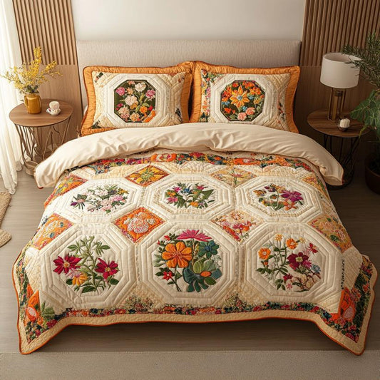 Floral Patchwork Hexagon Quilted Duvet Cover Set QV02