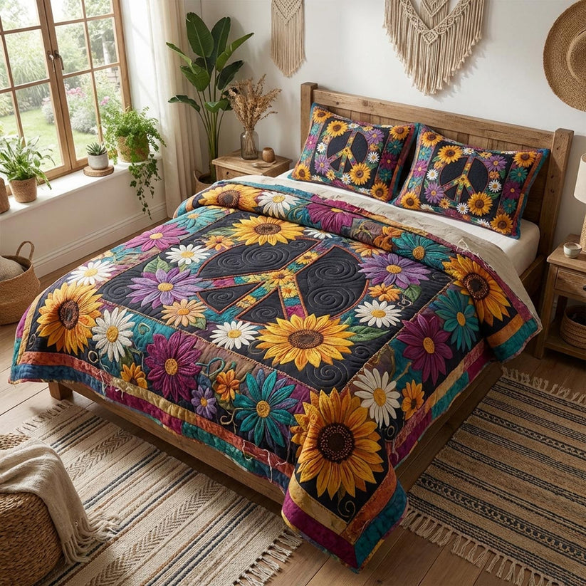 Boho Sunflower Peace Sign Quilted Duvet Cover Set QV03