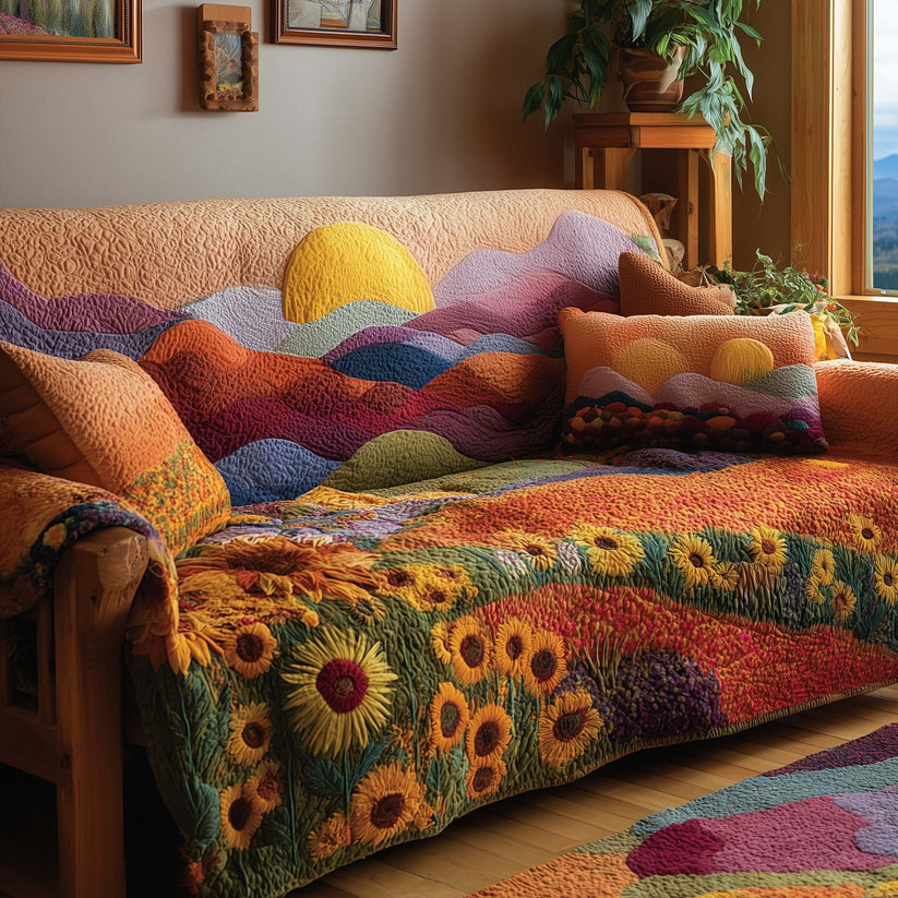 Sunflower & Mountain Sunset Quilted Seat Sofa  QV38