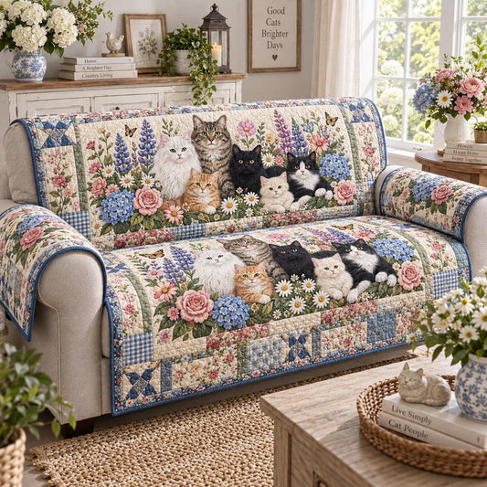 Cottage Cat & Flower Garden Quilted Seat Sofa QV74