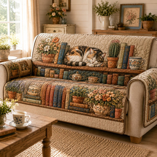 Cozy Cat & Bookshelf Quilted Seat Sofa QV75