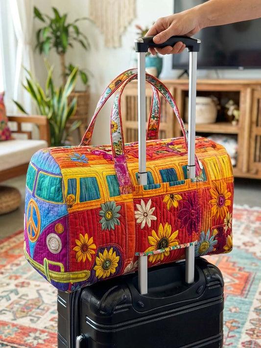 Vintage Hippie Bus Floral Quilted Travel Bag With Trolley Sleeve QV02