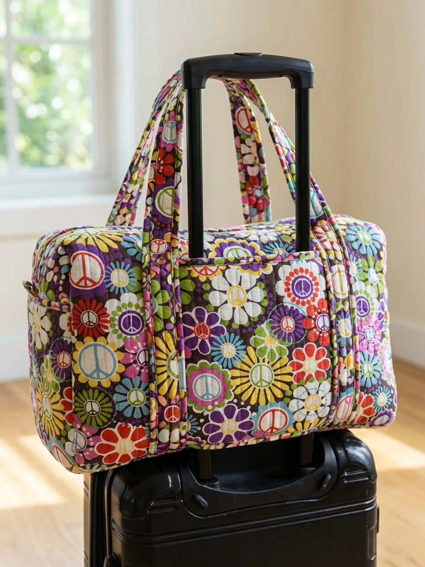 Floral Peace Sign Quilted Travel Bag With Trolley Sleeve QV03