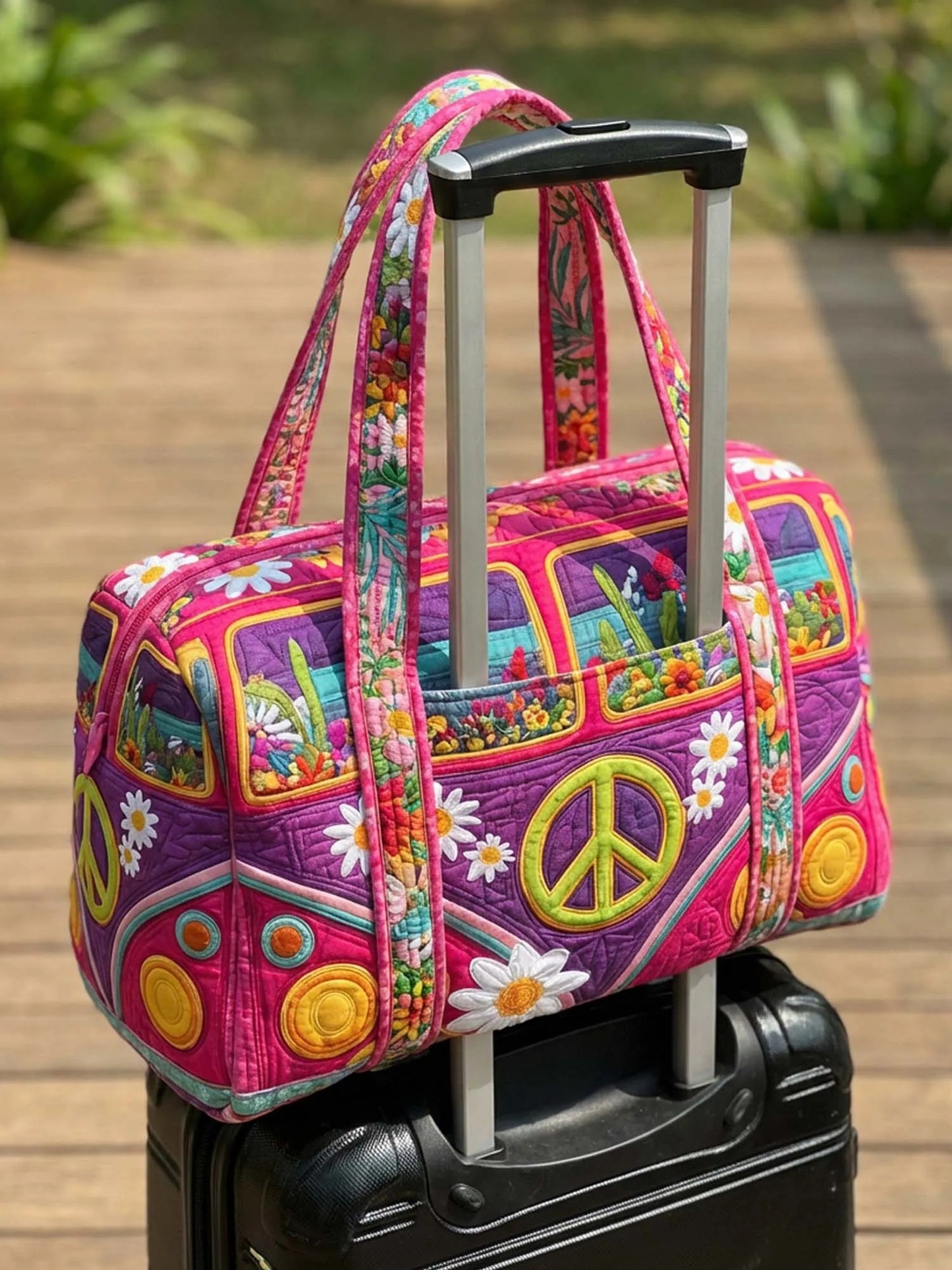 Boho Hippie Camper Van Quilted Travel Bag With Trolley Sleeve QV04