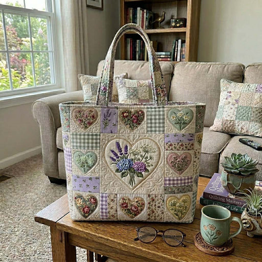 Vintage Floral Heart Quilted Tote Bag QV19