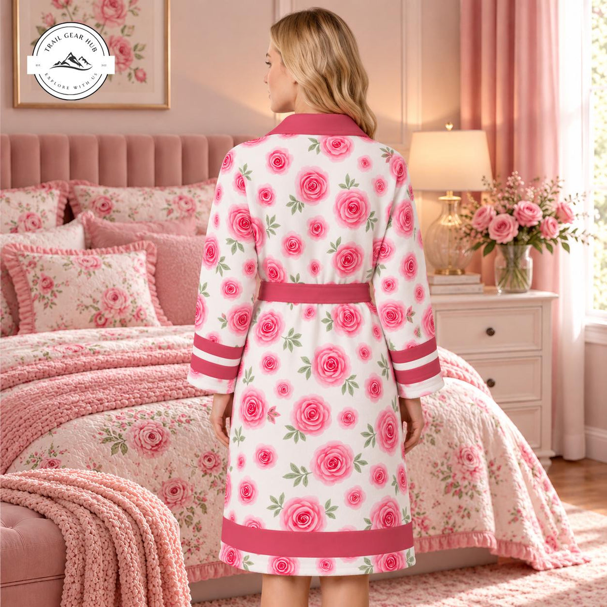 Cozy Pink Rose Print Bathrobes TG13