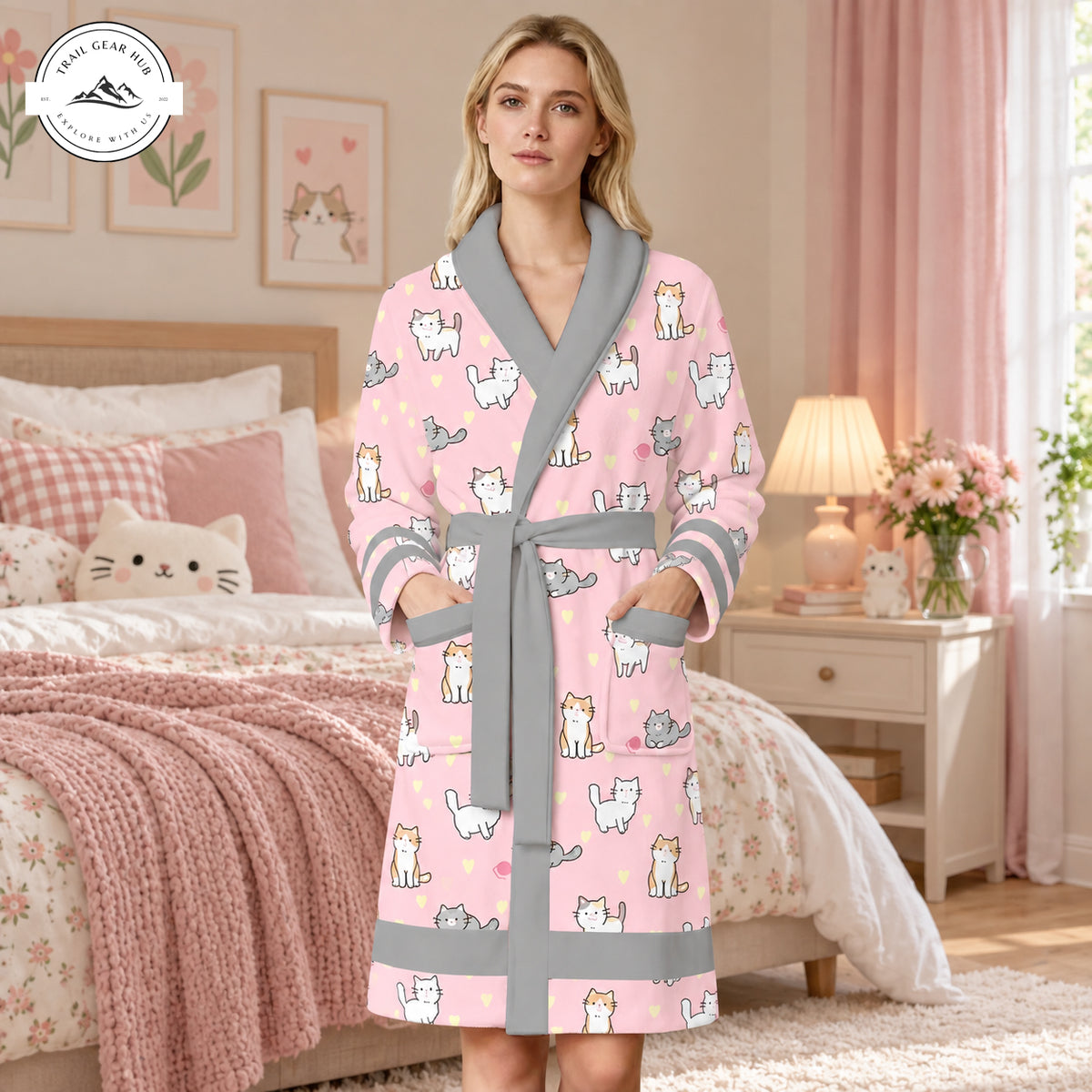Cute Pink Kitten Patterned Bathrobes TG15