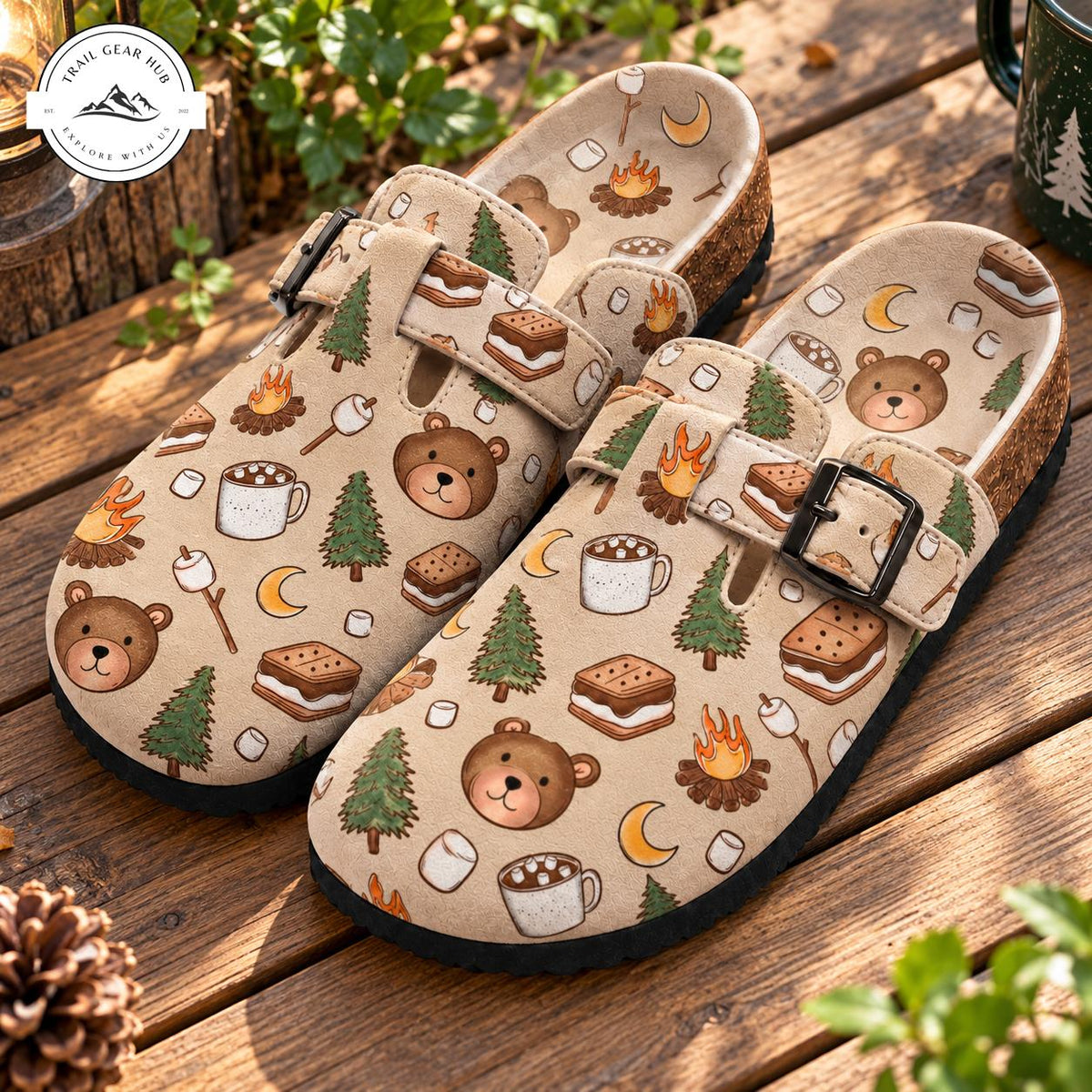 Cute Camping Bear Suede Mules Slippers TG13