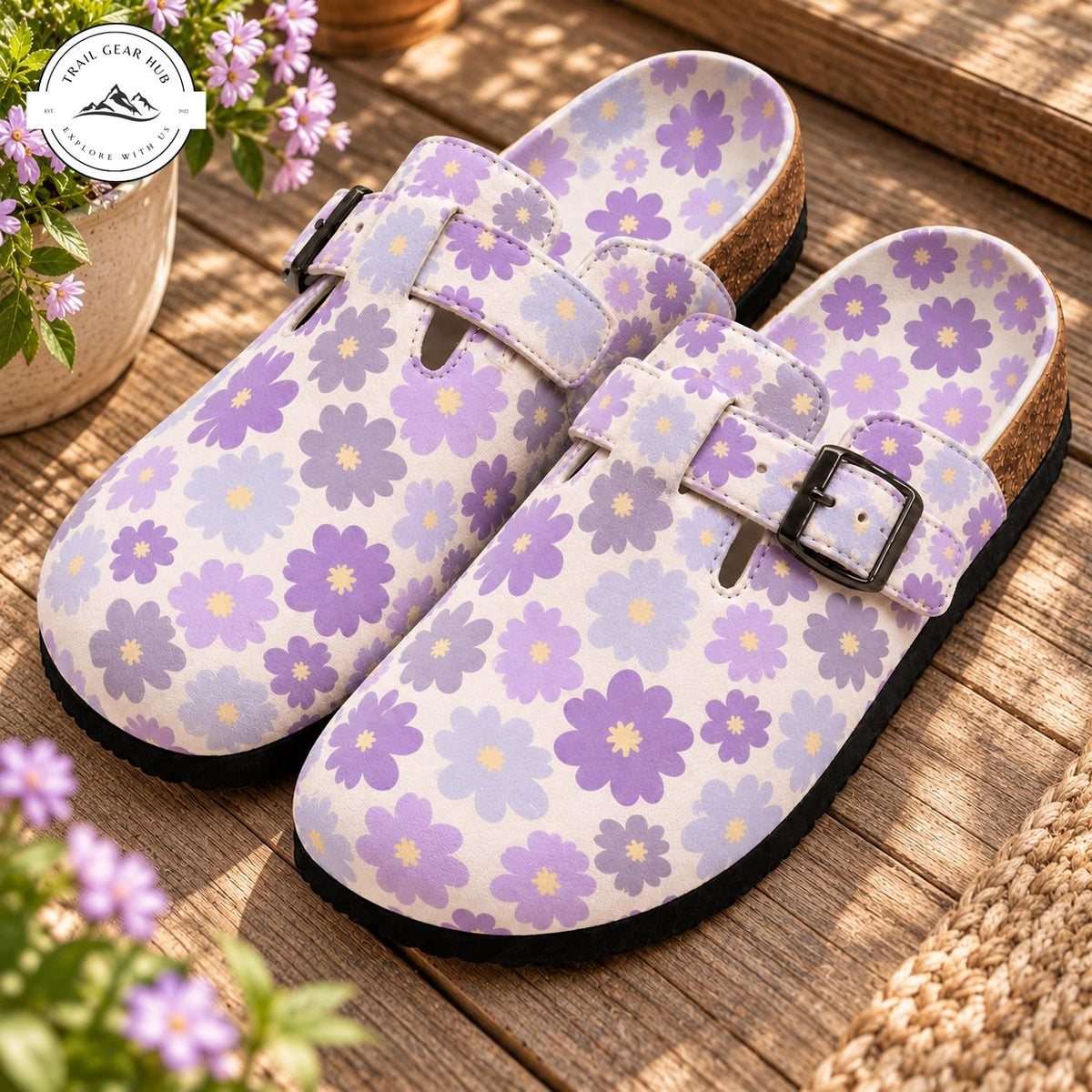 Purple Floral Print Suede Mules Slippers TG14