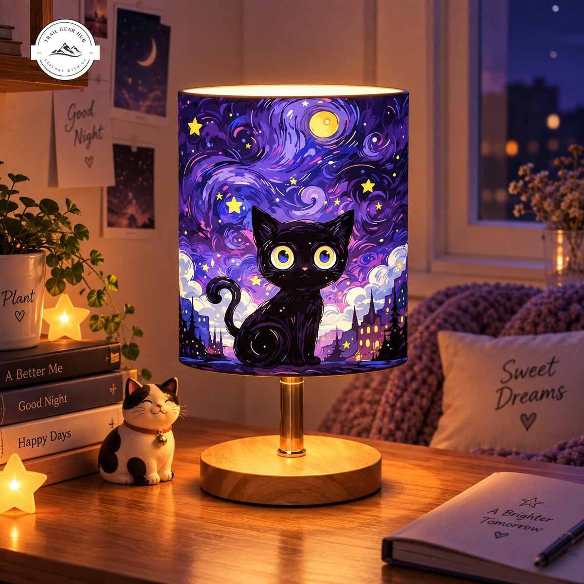 Starry Night Sky Black Cat Fabric Lamp TG14