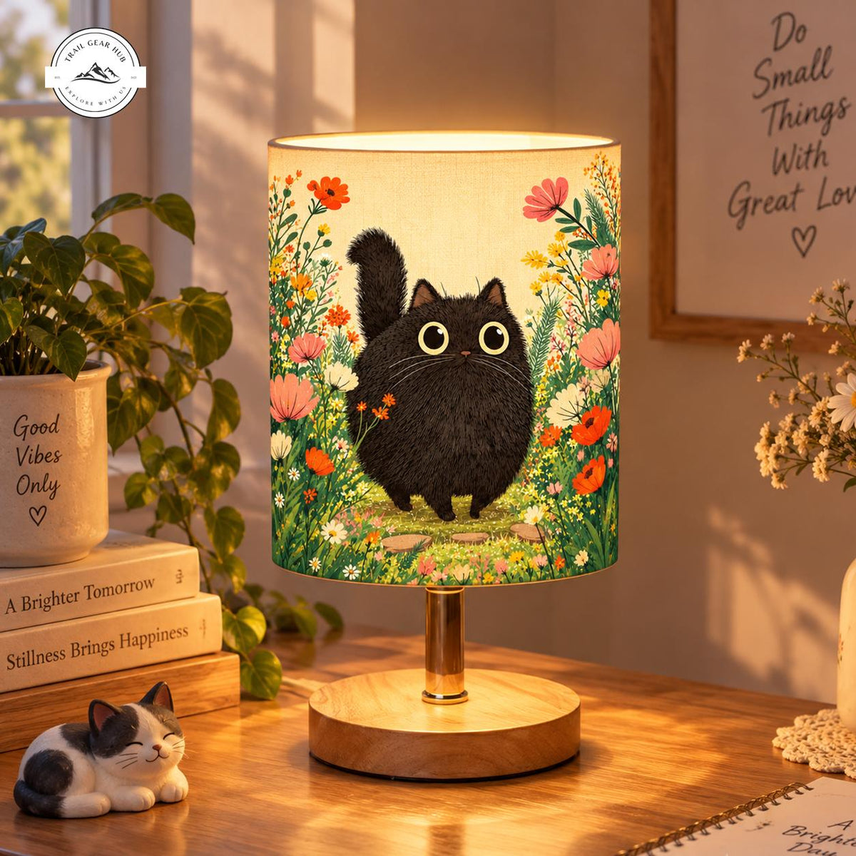 Black Cat in Wildflower Garden Fabric Lamp TG15