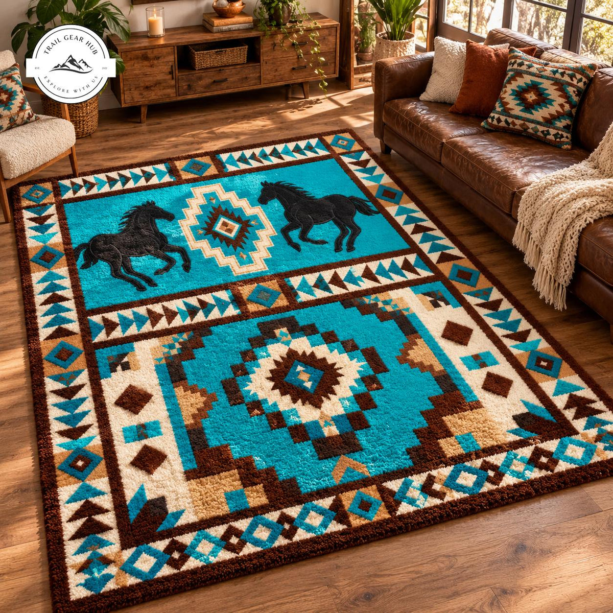Southwestern Turquoise Premium Faux Cashmere Area Rug TG09