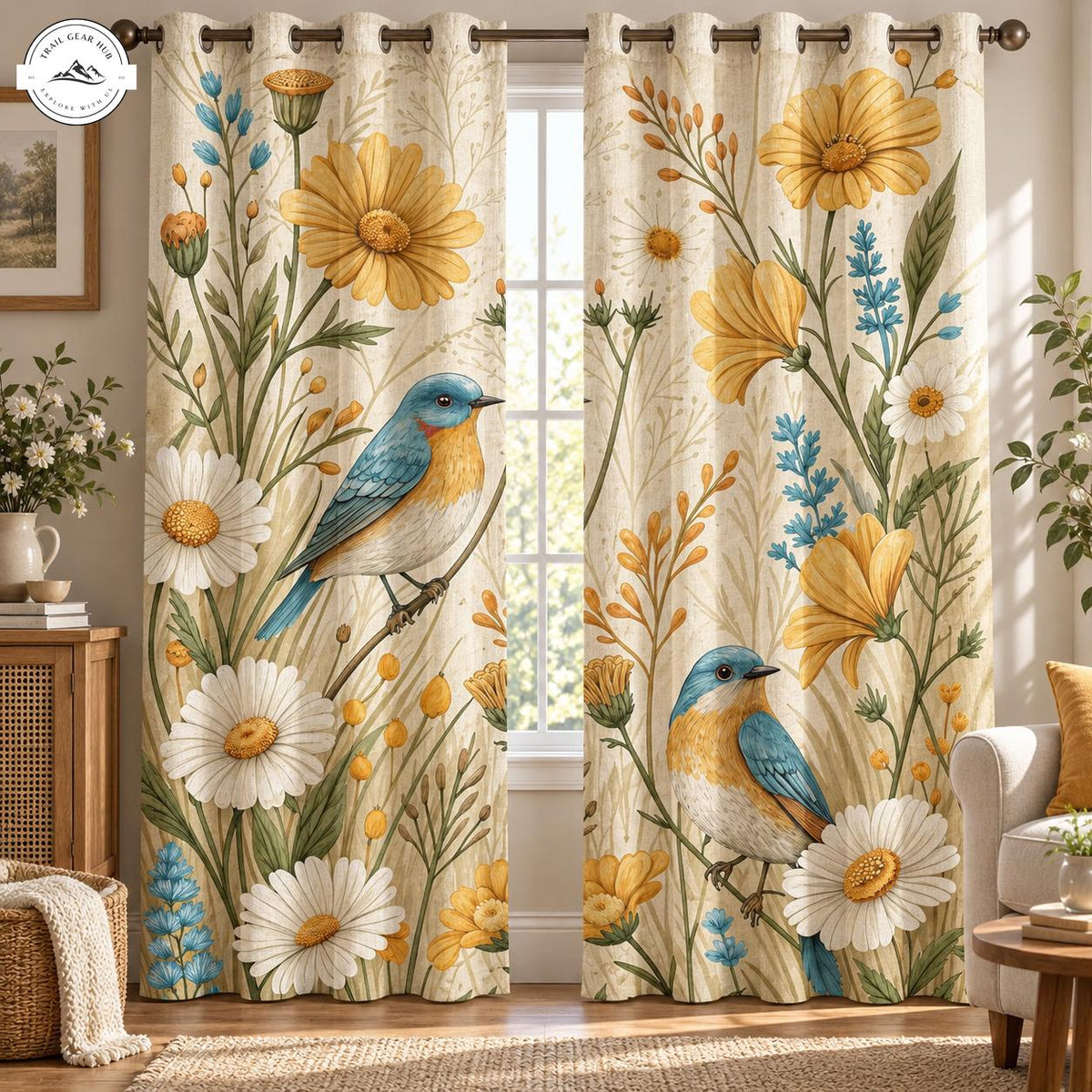 Vintage Wildflower & Bluebird  Grommet Curtains TG26