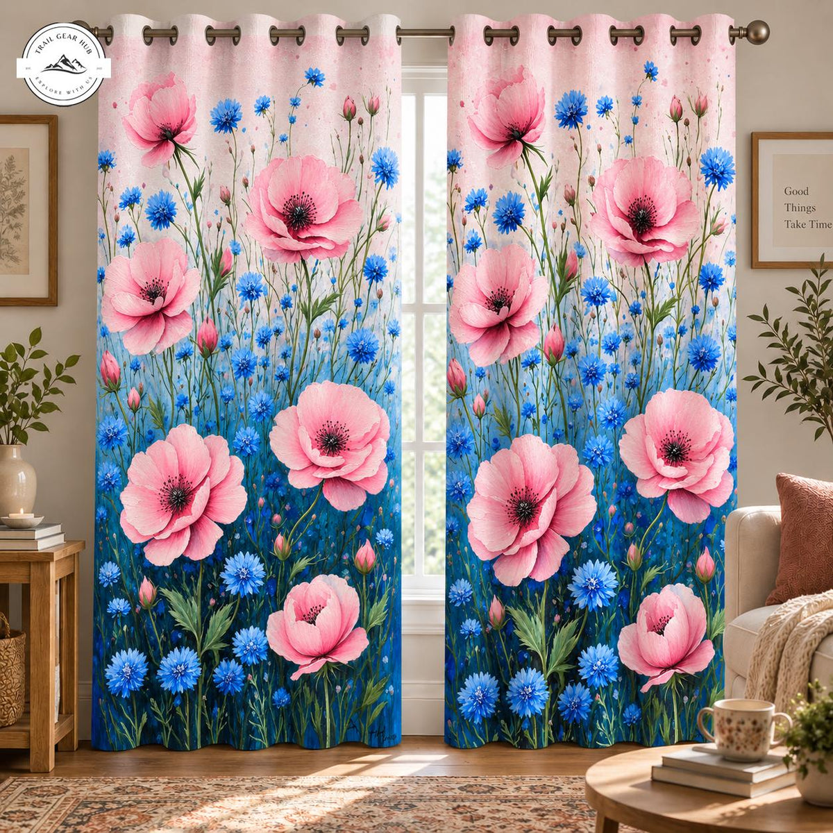 Pink Poppy and Blue Cornflower  Grommet Curtains TG27