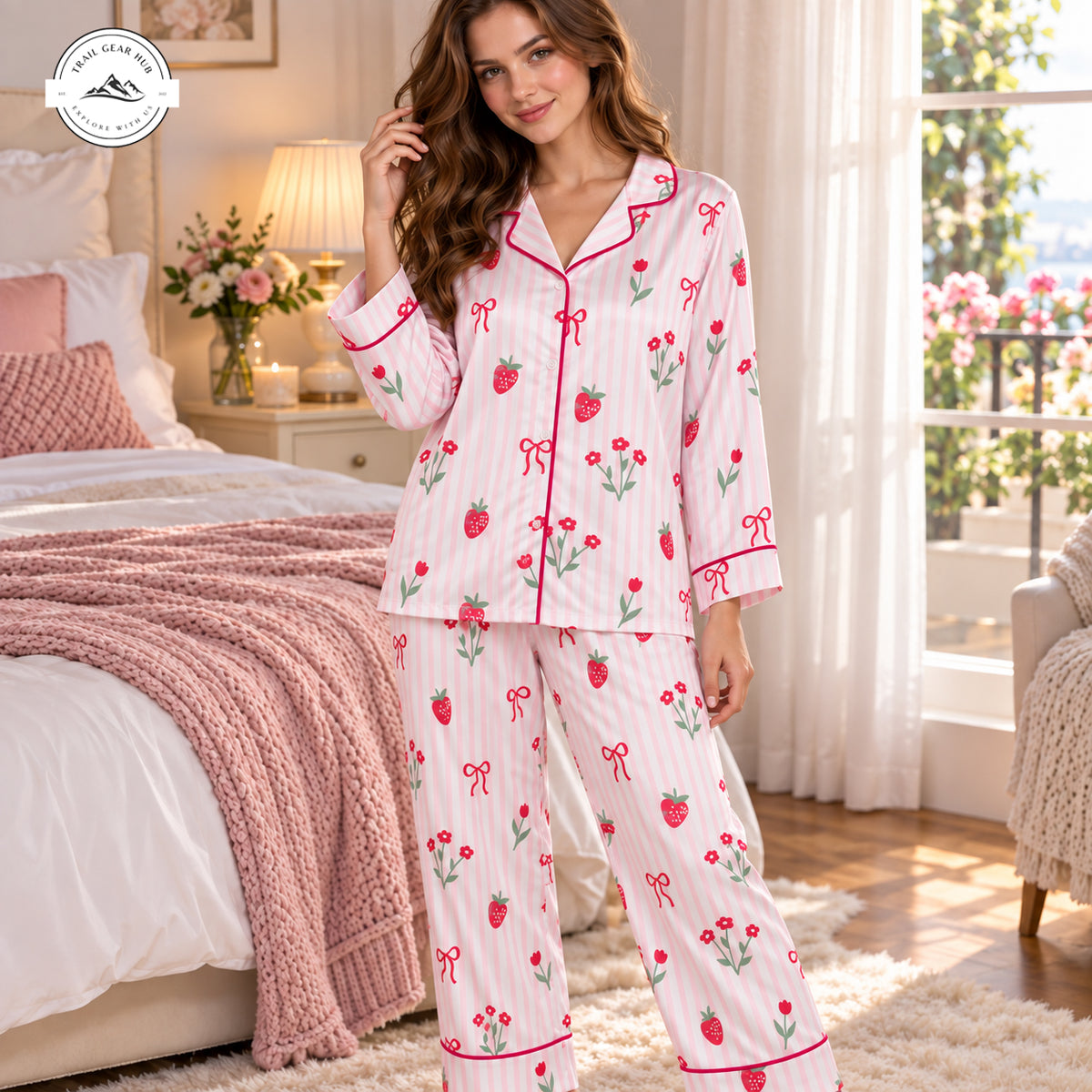 Cute Strawberry & Floral Women Long Satin Pajama TG13